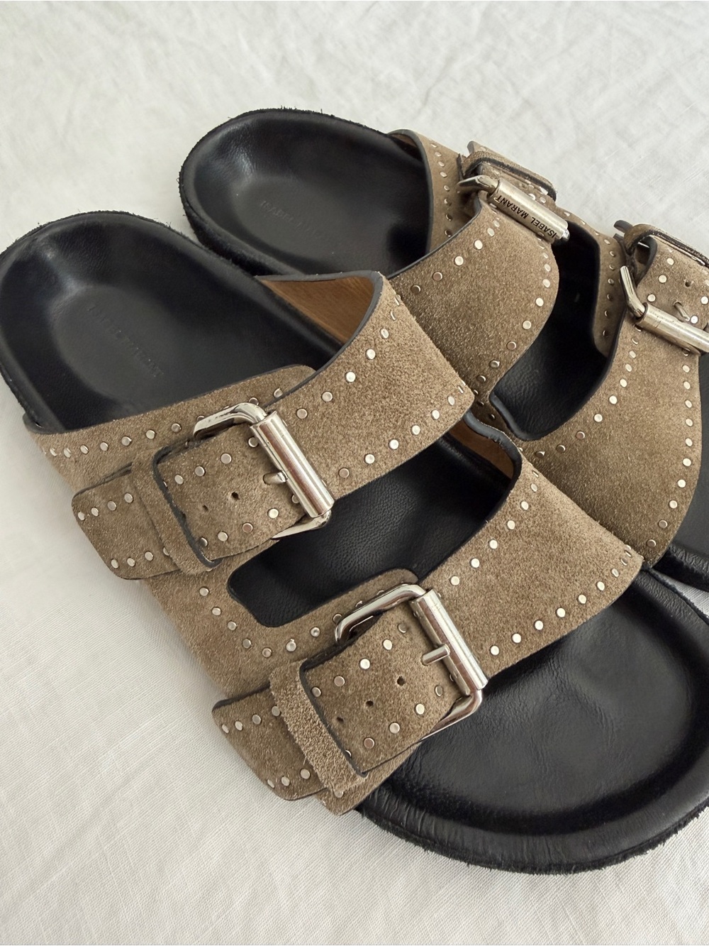 Isabel Marant Studded Double Buckle Suede Slide Sandals - Taupe - Picture 2 of 4